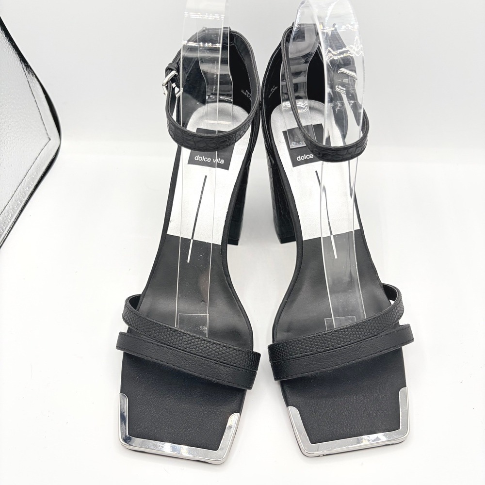 Dolce Vita Sandals Size 9 Croc Embossed Black Square Toe Metal Tip Block Heel - Picture 3 of 6